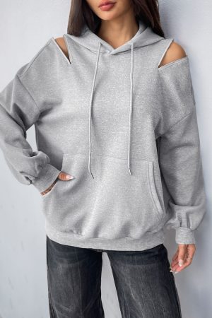 Drawstring Hooded Solid Color Top