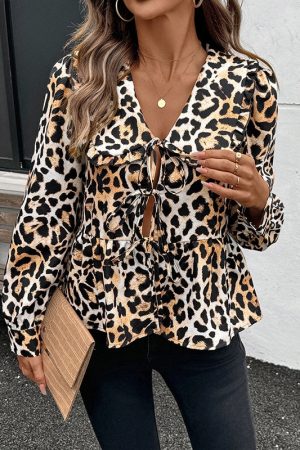 Retro Leopard Print Lace-up Shirt Top