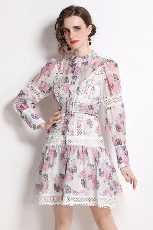 Heavy-duty Crochet Print Stand-up Collar Dress