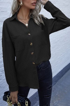 Long Sleeve Solid Color Lapel Long Vintage Shirt