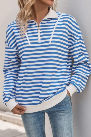 Long Sleeve Striped Loose Polo Neck Top