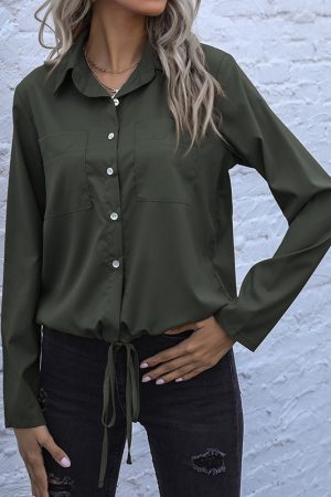 Lapel Drawstring Long Sleeve Solid Color Shirt