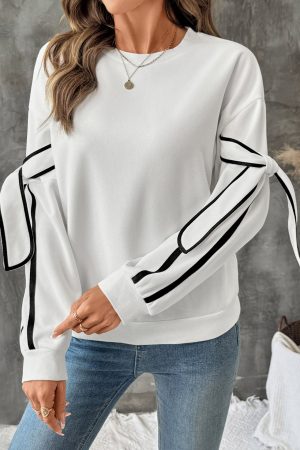 Contrast Bow Round Neck Long Sleeve Top
