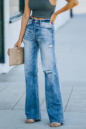 Skinny Temperament Ripped Wide-leg Jeans Pants