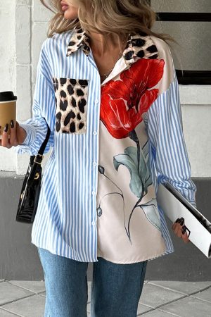 Casual Printed Striped Stitching Shirt