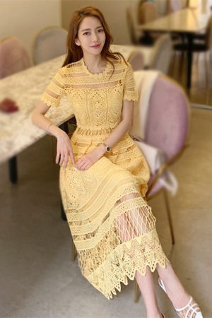 Yellow Lace Summer Style Short Sleeve Hollow Out Midi Vintage Dress