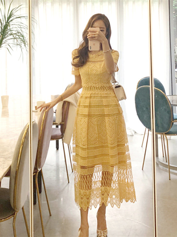 Yellow Lace Summer Style Short Sleeve Hollow Out Midi Vintage Dress - Image 2