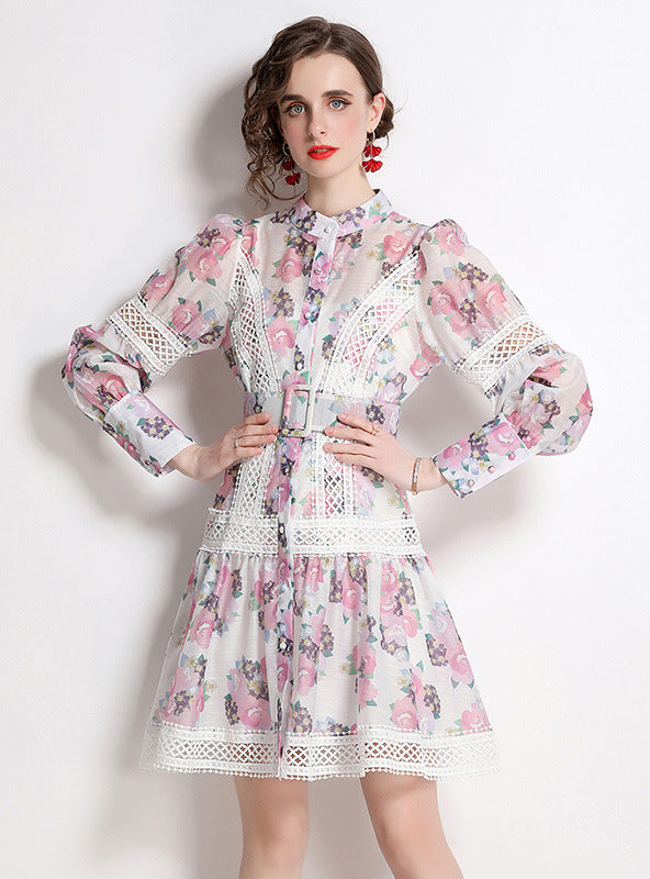 Heavy-duty Crochet Print Stand-up Collar Dress - Image 2