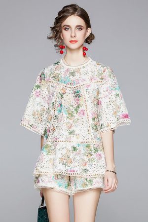 Embroidered Printed Top Shorts Floral Two-piece Set