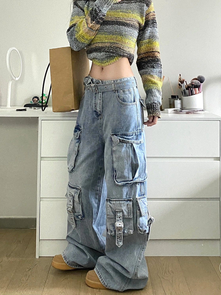Wide Leg Pocket High Waist Loose Jeans - Image 3