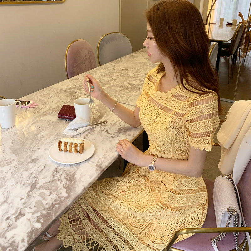 Yellow Lace Summer Style Short Sleeve Hollow Out Midi Vintage Dress - Image 3
