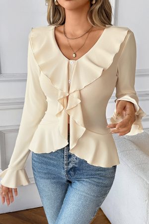 Solid Color V-neck Ruffled Slim Shirt T-shirt