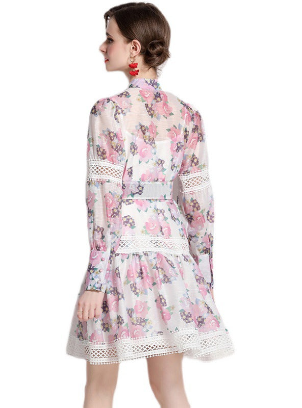 Heavy-duty Crochet Print Stand-up Collar Dress - Image 3