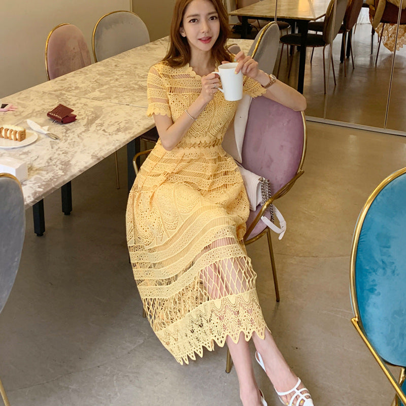 Yellow Lace Summer Style Short Sleeve Hollow Out Midi Vintage Dress - Image 4