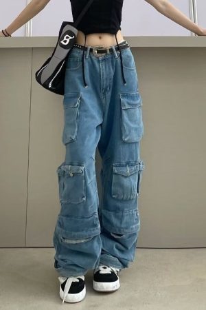 Smoke-gray Stitching Multi-pocket Wide-leg Pants